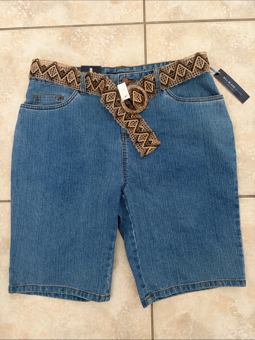 bill blass Blue Denim Bermuda Shorts with Woven Tan Belt